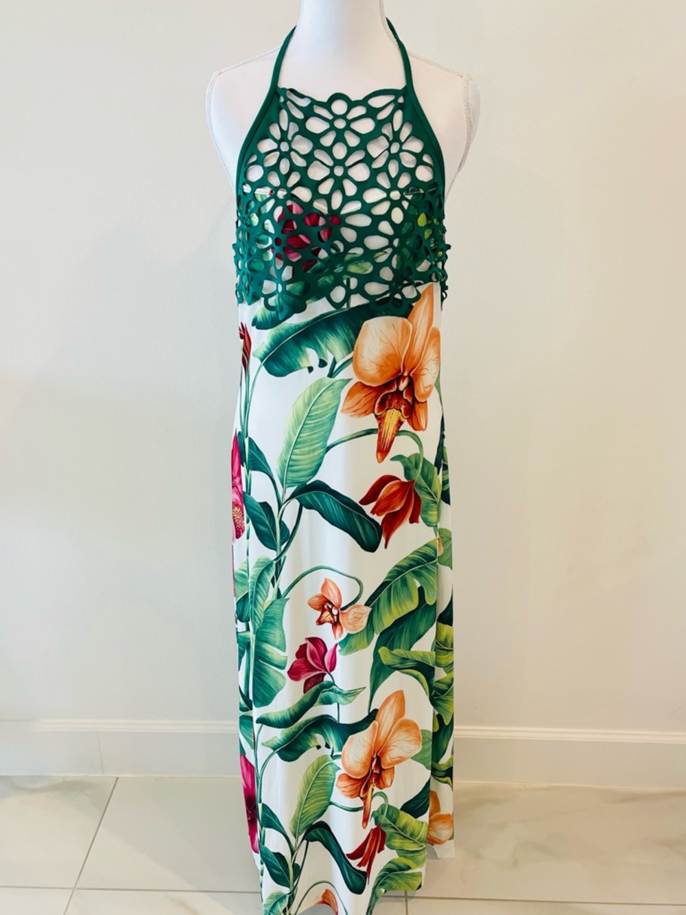 Venus Tropical Maxi Dress Green Cutout Halter Floral Print Size Small